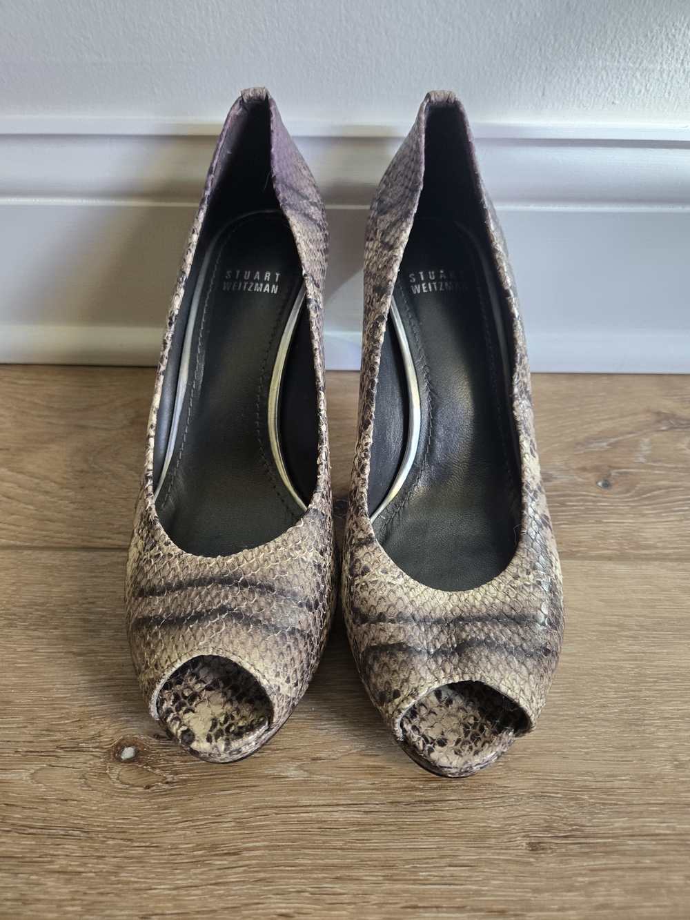 Stuart Weitzman Snake-Print Peep Toe Pumps in Brown and Cream